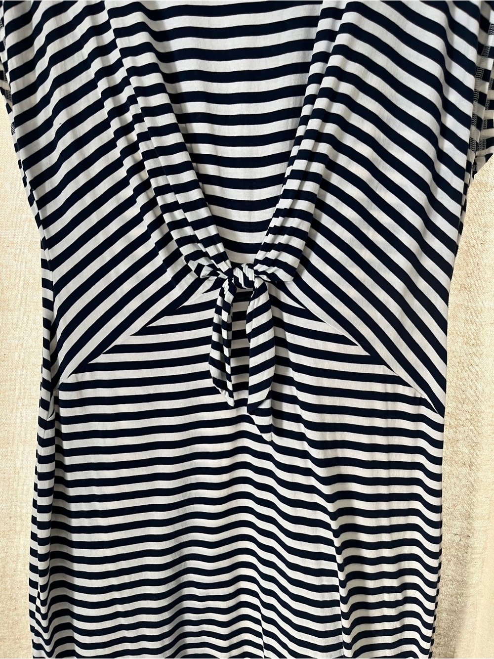 Striped Knot-Front Women’s Dress in Navy and White - Picture 2 of 3